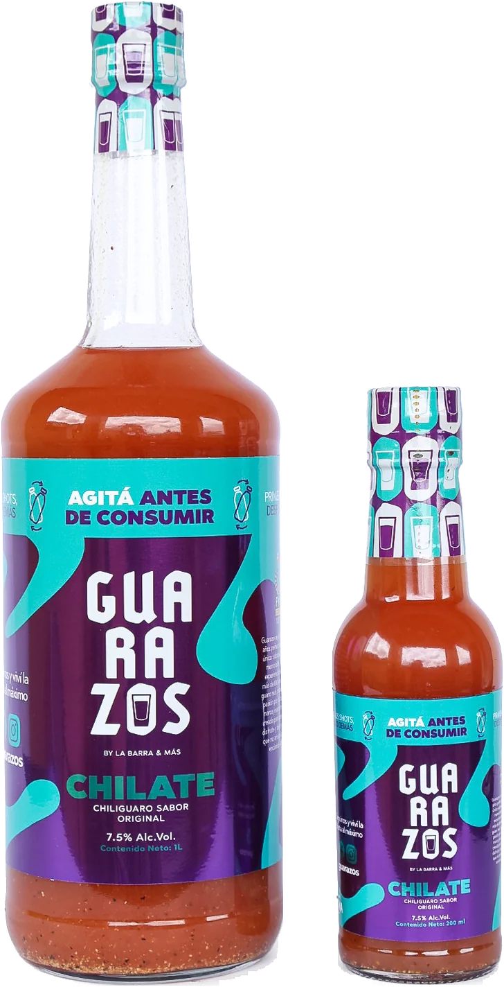 Guarazos Chilate en sus dos presentaciones, la botella de litro y la de 200 ml, con etiqueta turquesa y morada y tapa plateada
